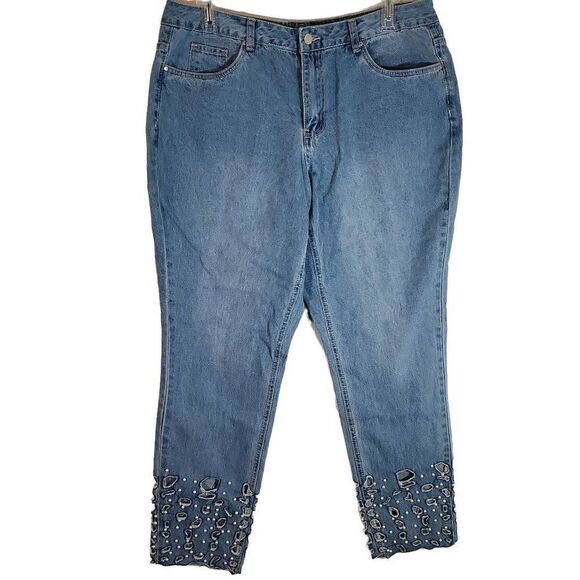 Venus Women's Mid Wash High Rise Ripped Cutout Embellished Denim Jeans Size 18 - Picture 1 of 10